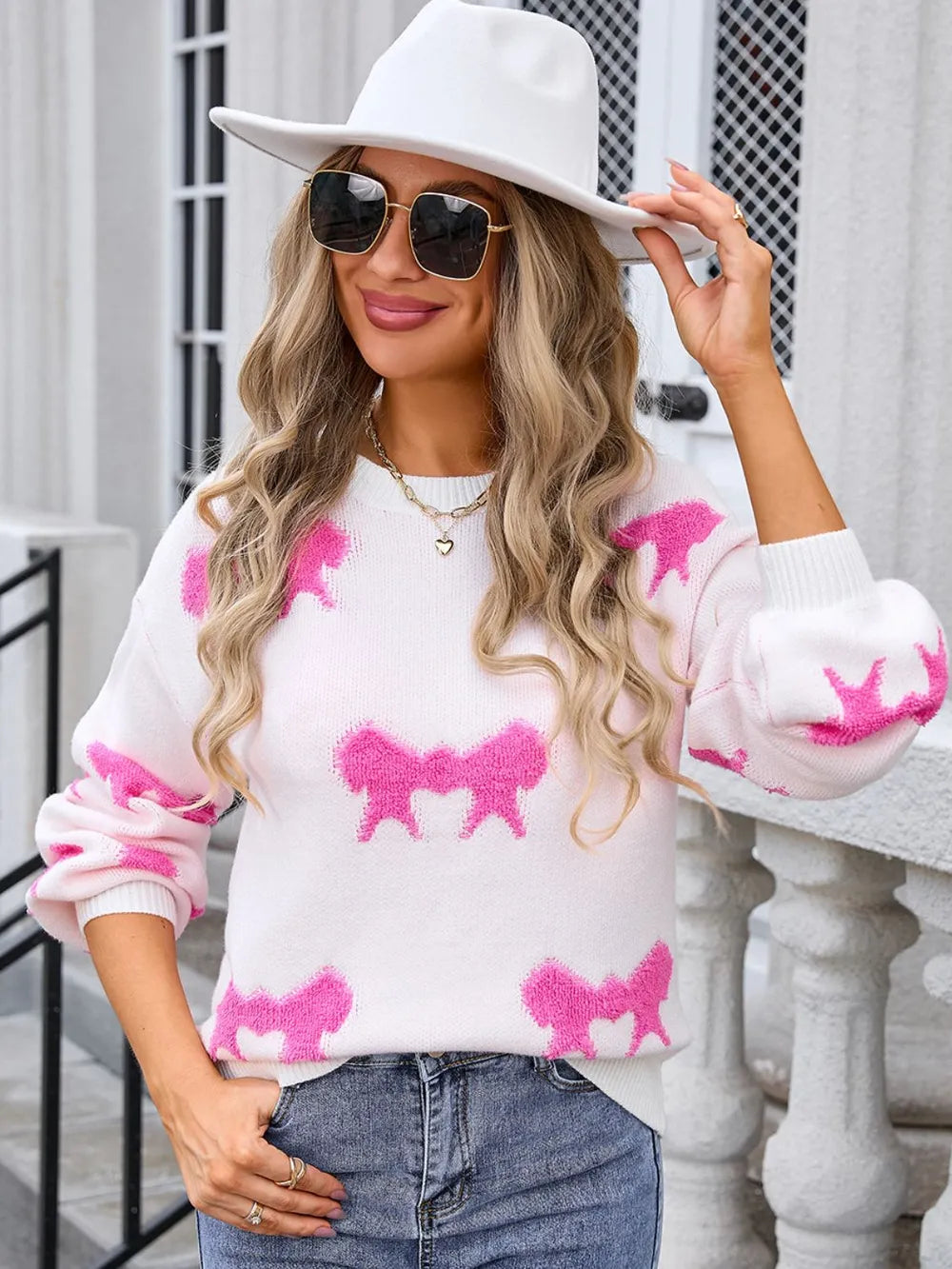 Bow Round Neck Dropped Shoulder Sweater, view 12
