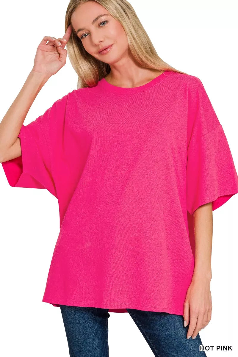 Hot pink cotton oversized tunic tee front view