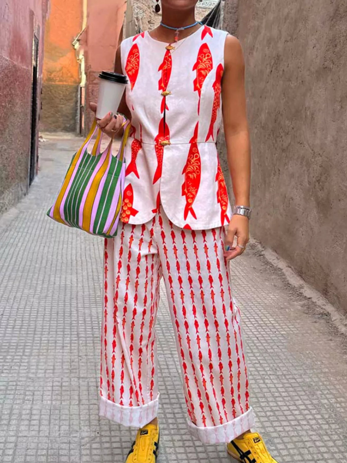 Fish Print Sleeveless Top and Pants Set, view 6