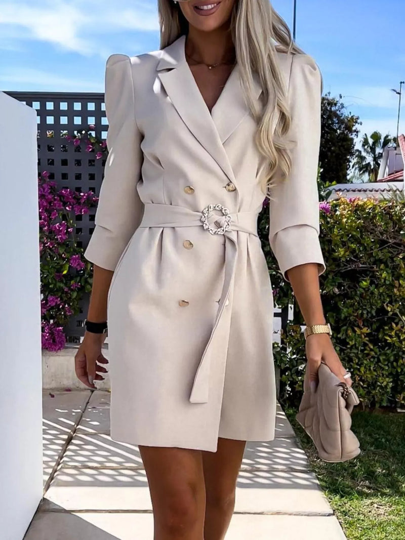 Belted blazer dress with 3/4 sleeves front view