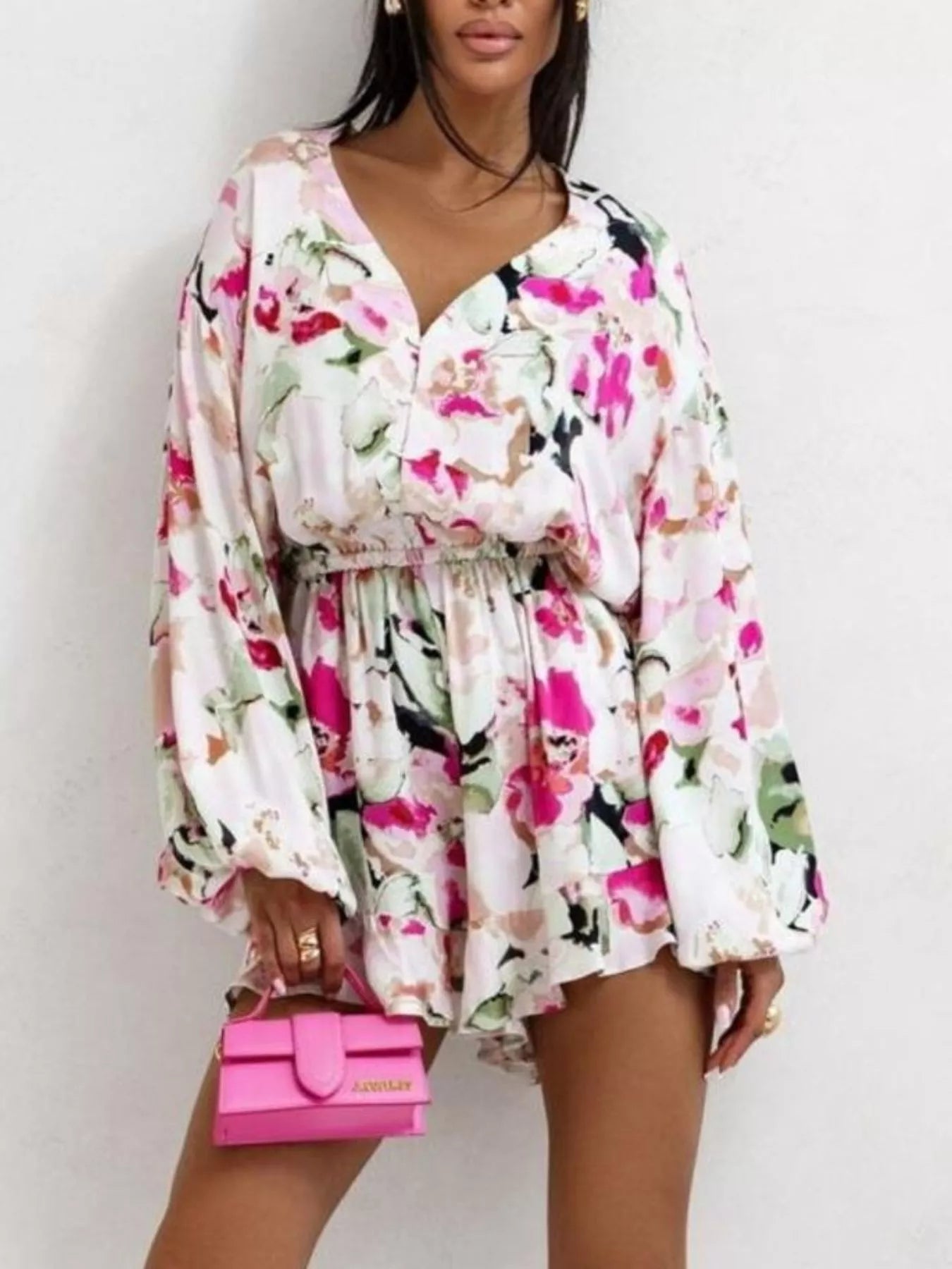 Floral V-Neck Long Sleeve Romper with Elastic Waist - Fashorio