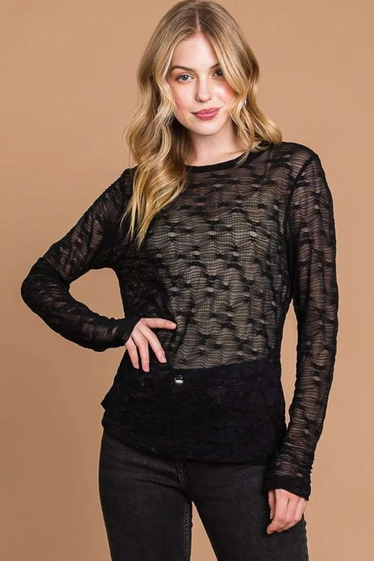 Culture Code Full Size Round Neck Mesh Perspective Top Black - Fashorio