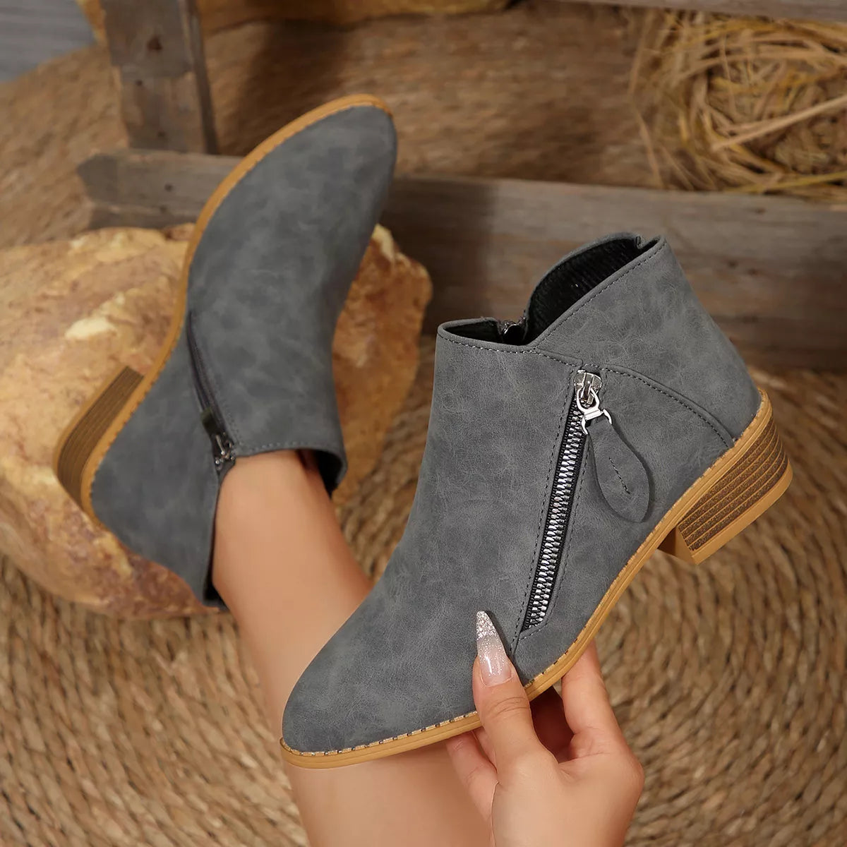 Block Heel Ankle Boots styled on foot