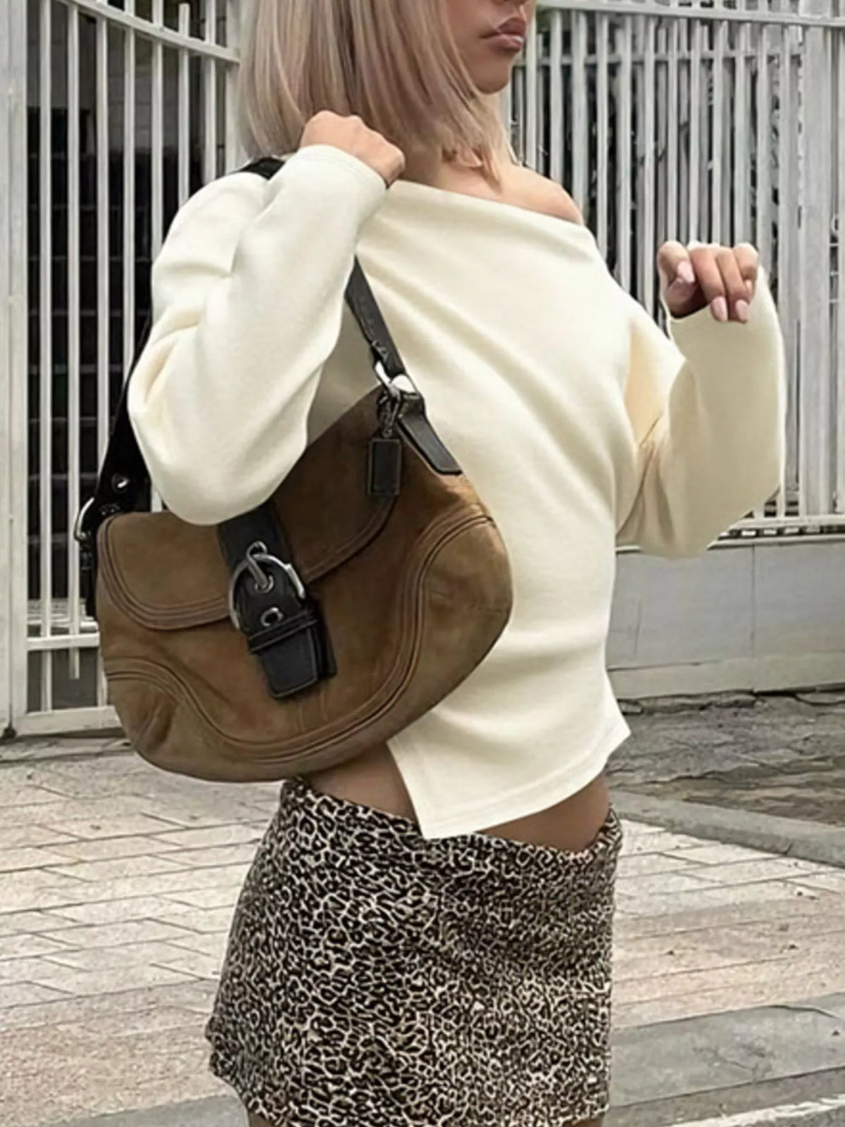 Off shoulder tee shown in an apricot colourway