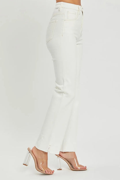 RISEN High Rise Tummy Control Straight Jeans – Raw Hem Denim - Fashorio