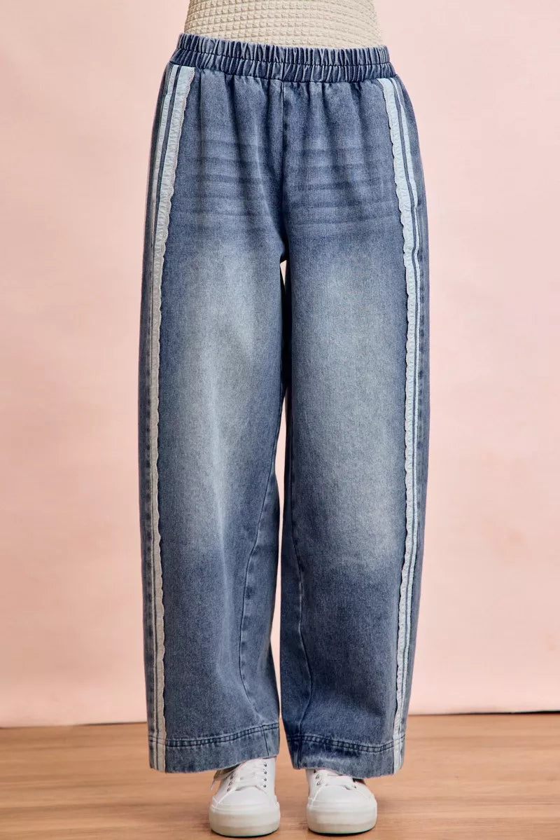 Lace contrast side washed jeans front view