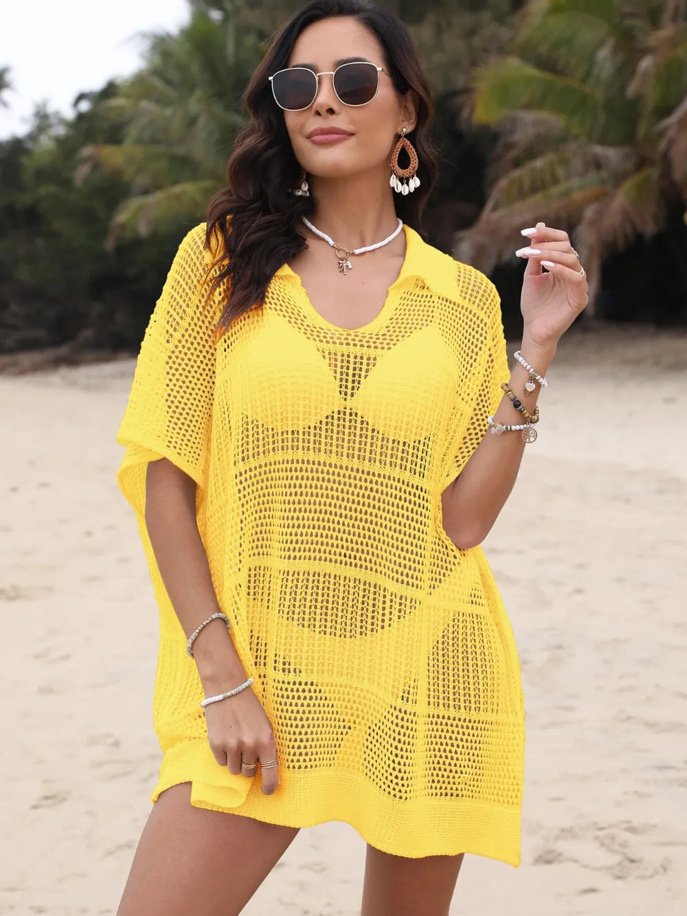 Hollow Out Collared Neck Cover-Up - Fashorio