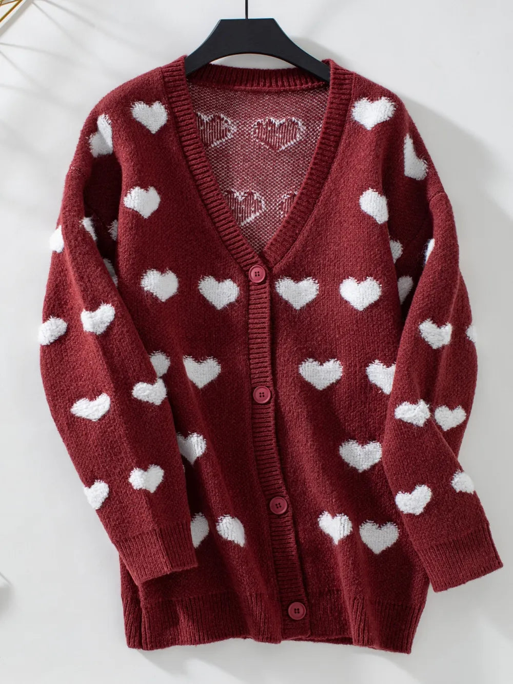 Heart V-Neck Button Up Long Sleeve Cardigan Burgundy - Fashorio