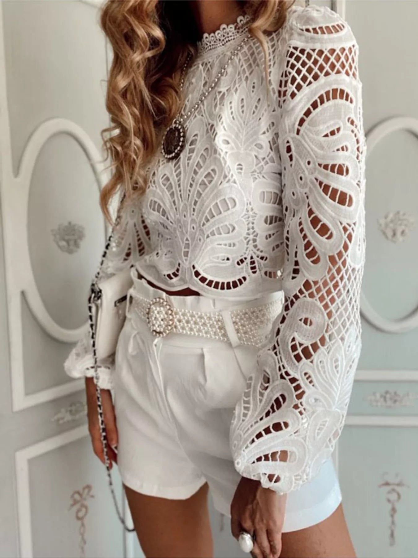 Lace Crochet Long Sleeve Blouse - Fashorio
