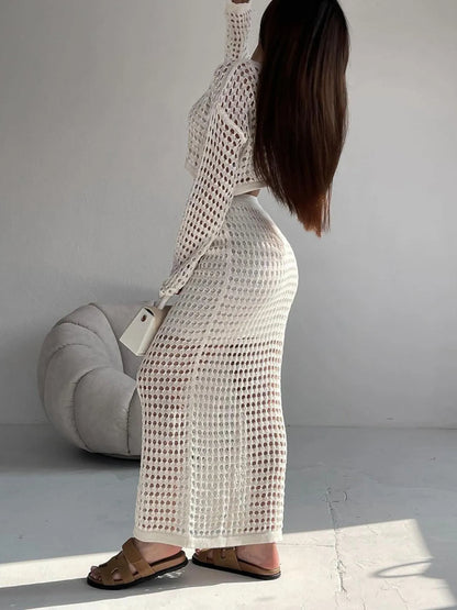 Hollow Out Long Sleeve Top and Skirt Knit Set - Fashorio