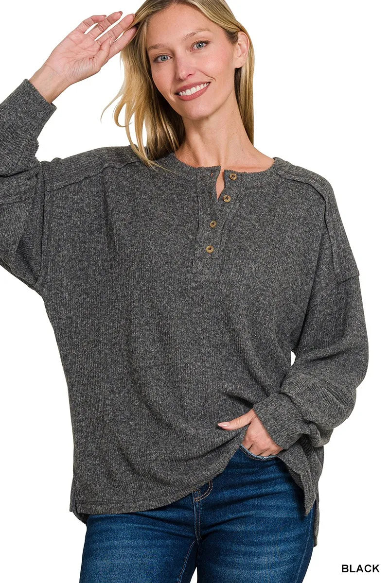 Ribbed Brushed Hacci Henley Sweater Plus Size in Black