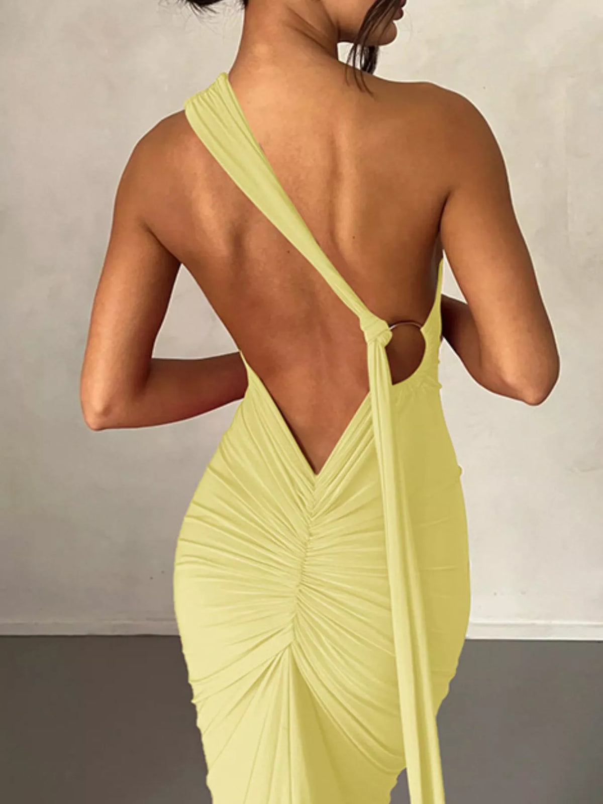 One Shoulder Ruched Bodycon Maxi Dress styled look