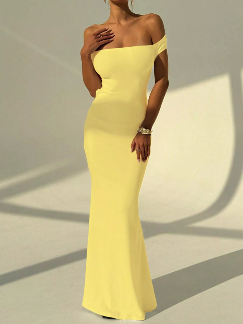 backless off shoulder mermaid maxi dress front view