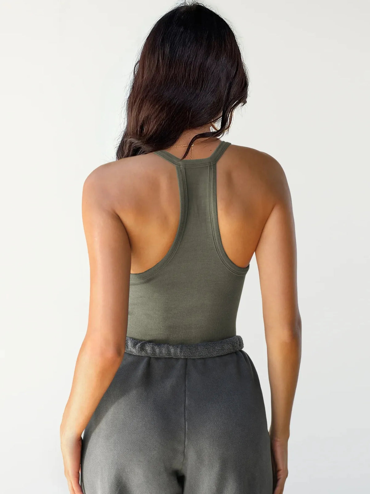 Ribbed halter tank top full length styled look