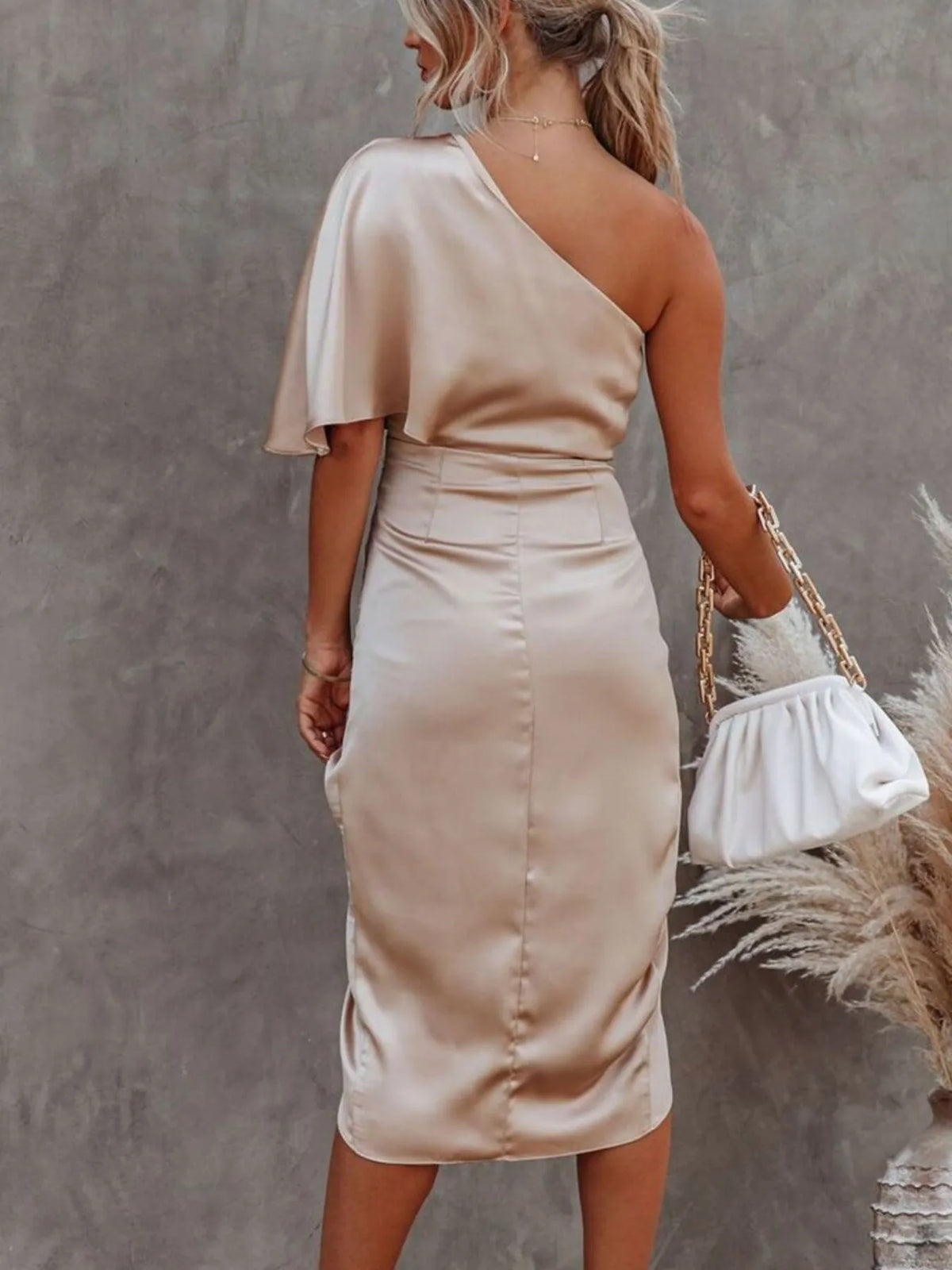 One shoulder satin wrap dress with side slit back view