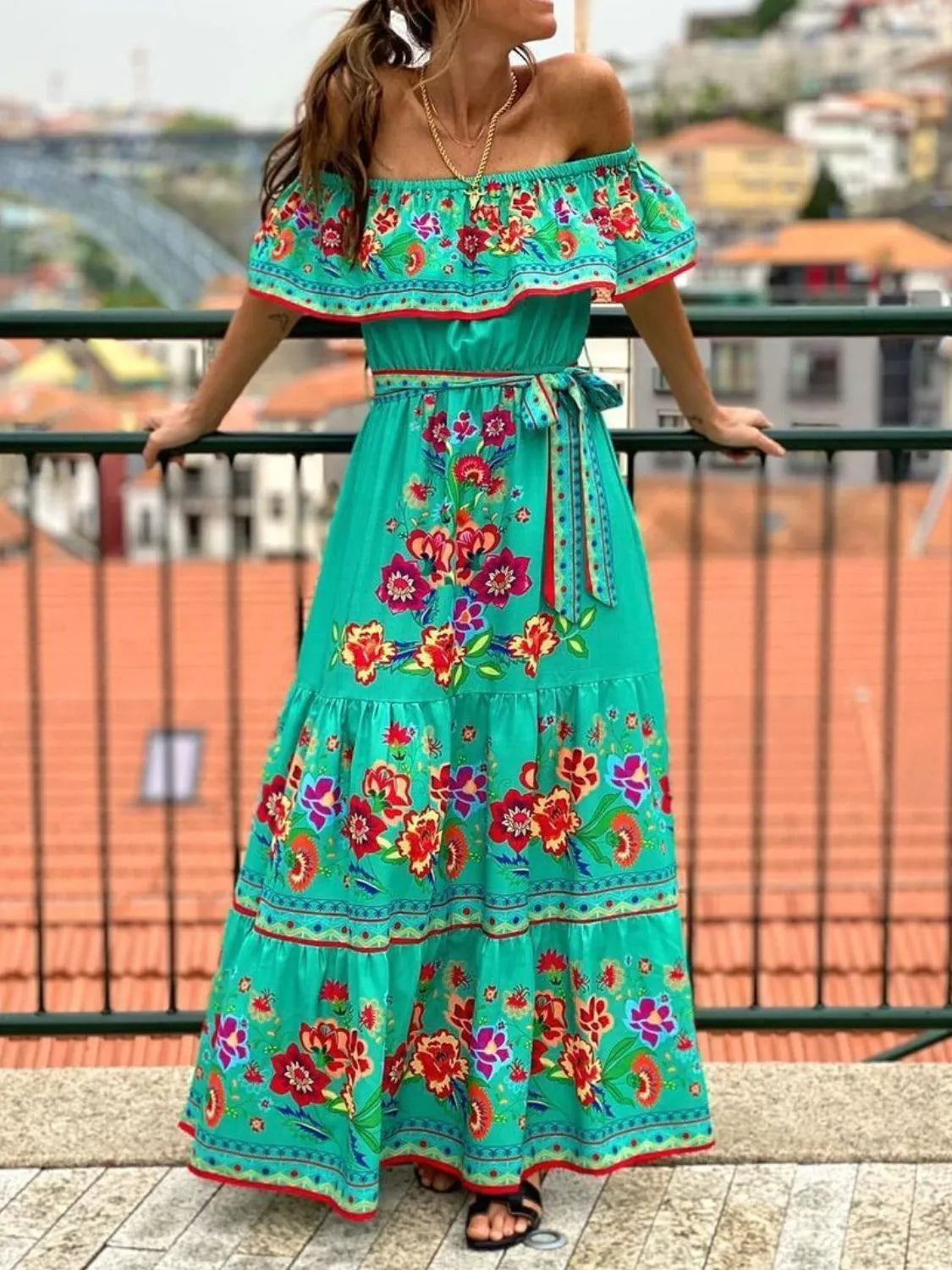 Floral off shoulder ruffle maxi dress view 11