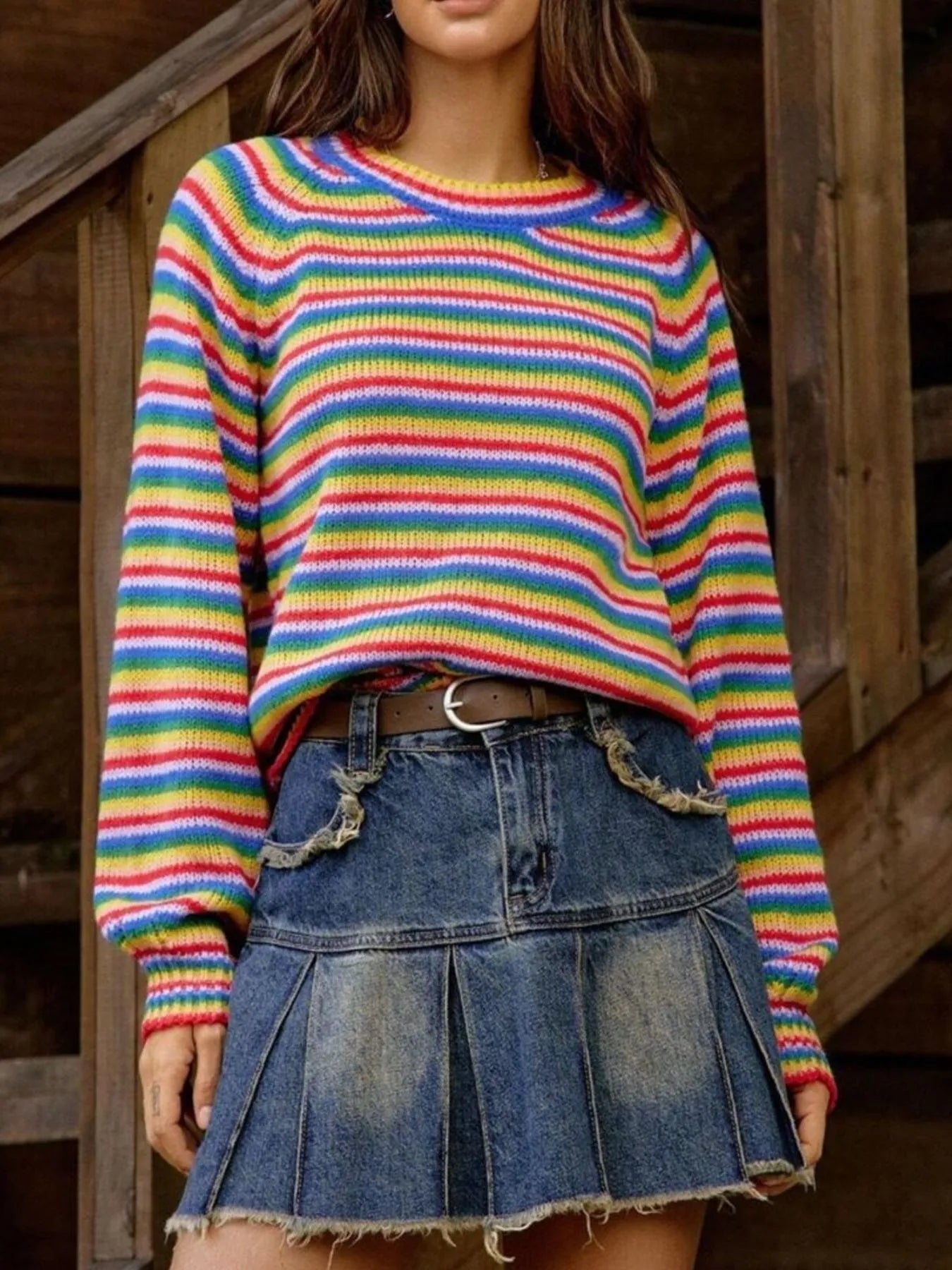 Rainbow Striped Pullover Sweater Blue - Fashorio