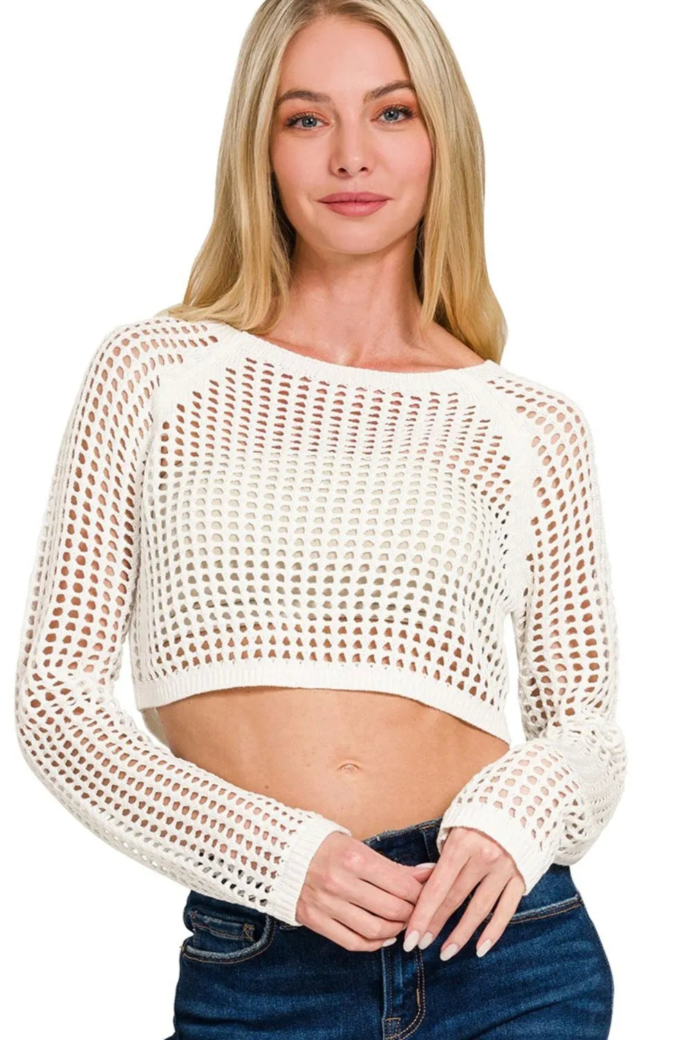 Openwork Cropped Round Neck Sweater in Ivory
