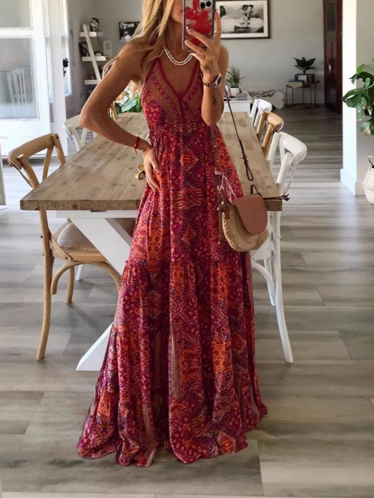 Printed V neck tiered maxi dress front view