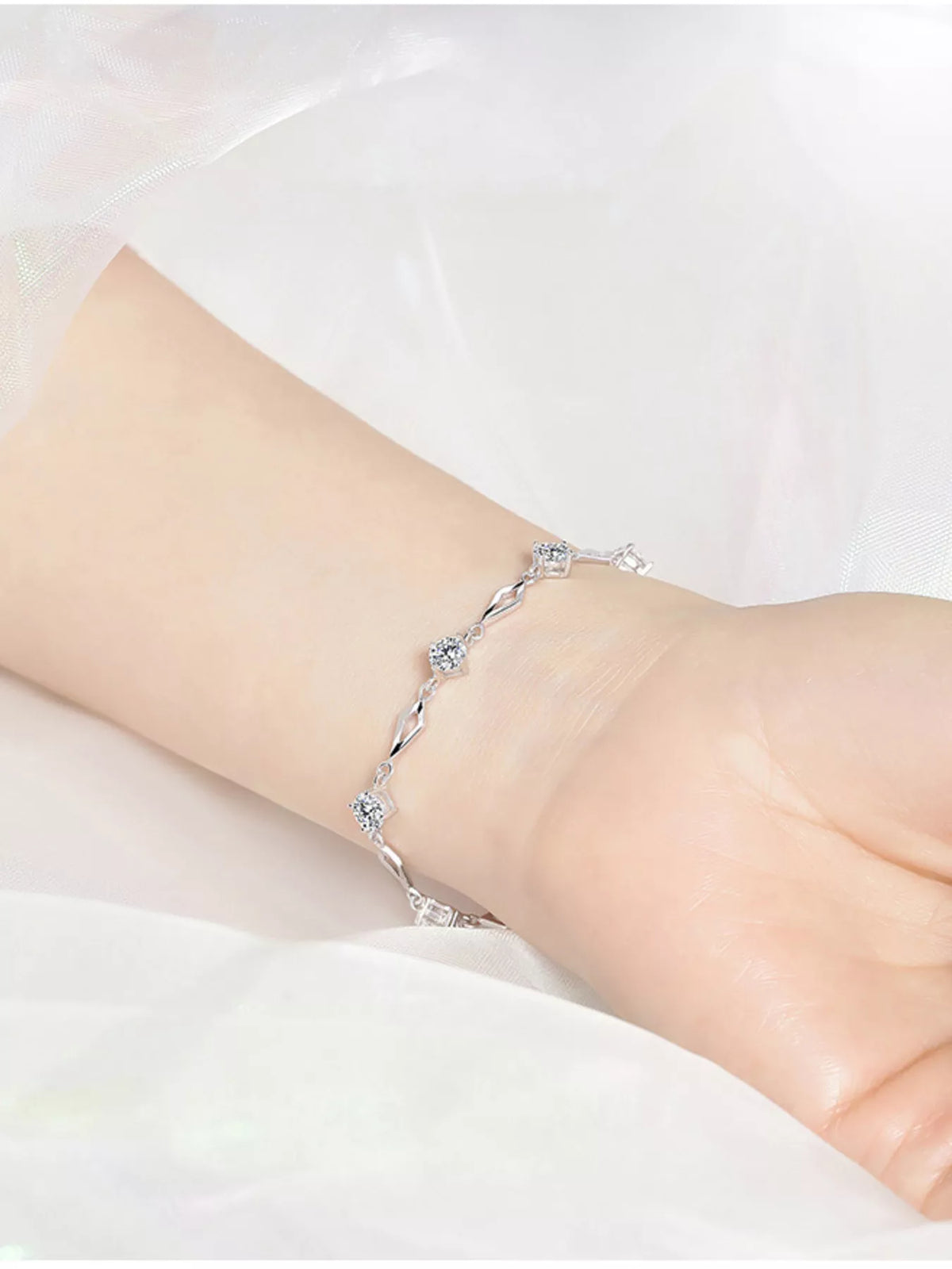 Angled view of the sterling silver zircon bracelet