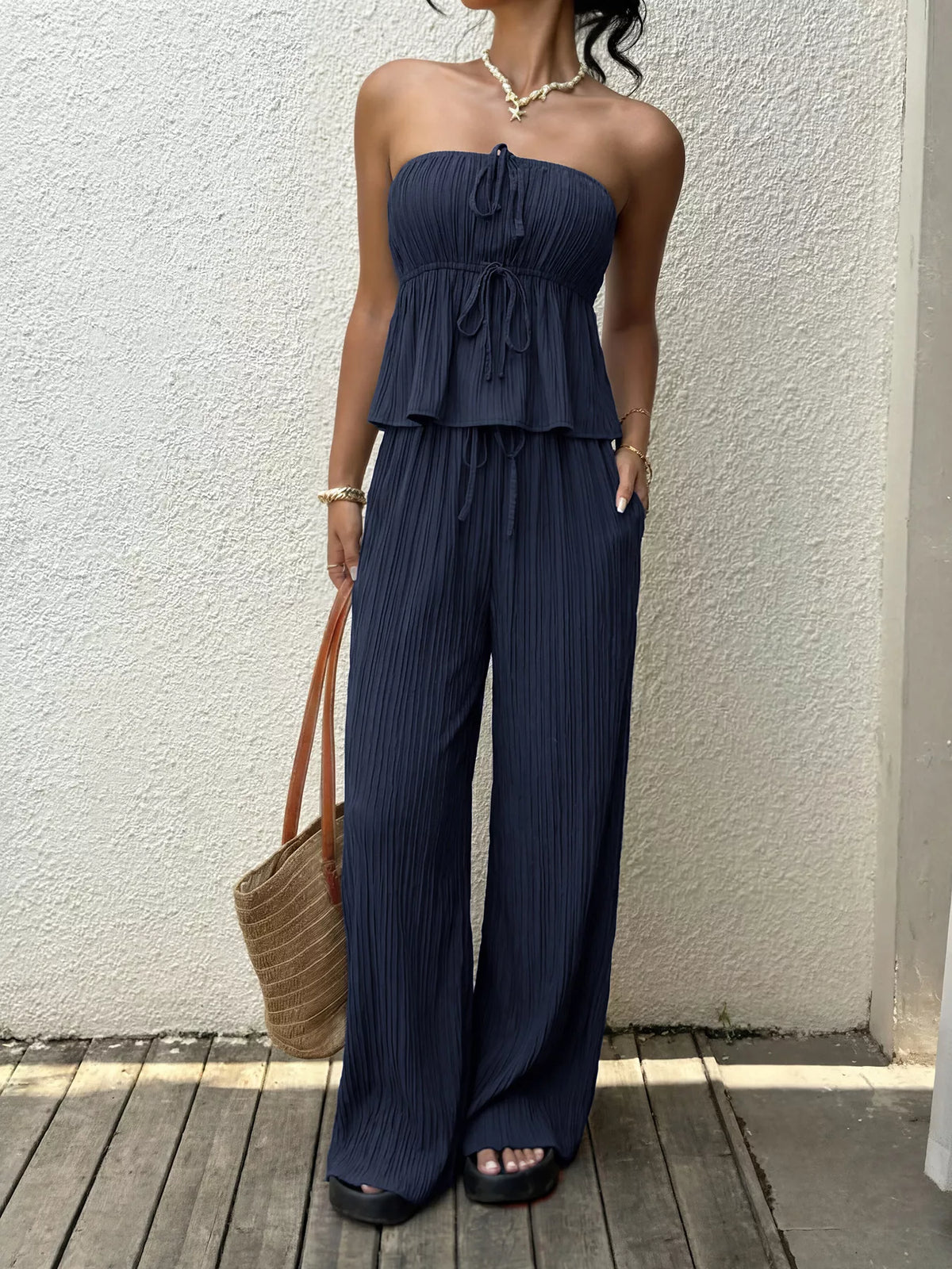 Textured Tube Top and Wide Leg Pants Set, view 5