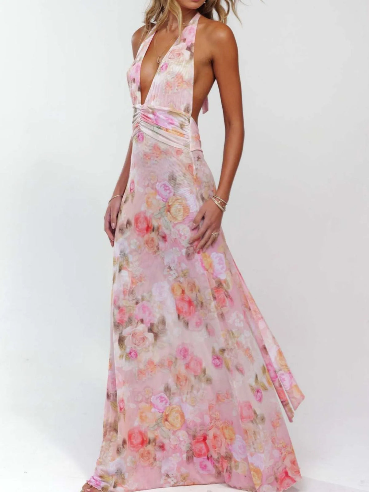 floral halter deep v maxi dress back view