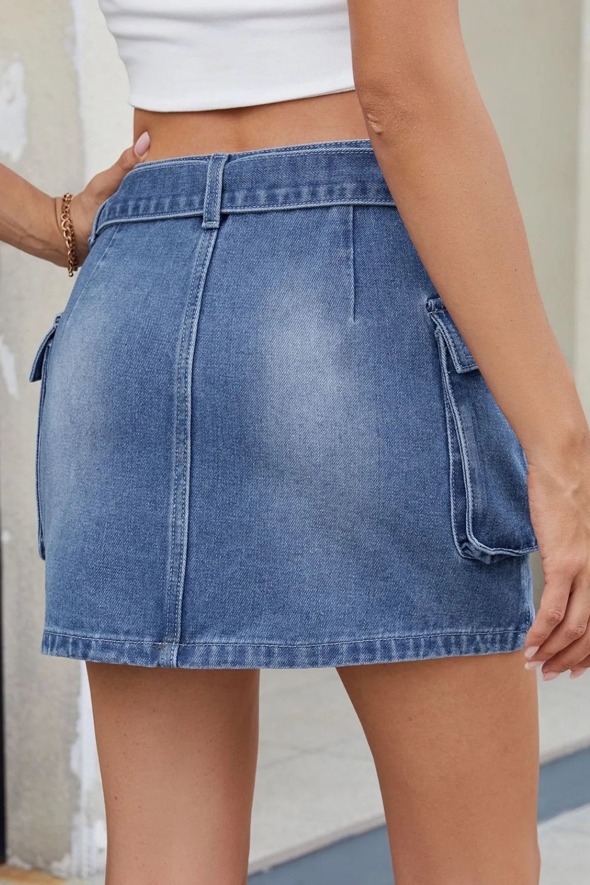 Criss-Cross Waist Detail Denim Mini Skirt - Fashorio