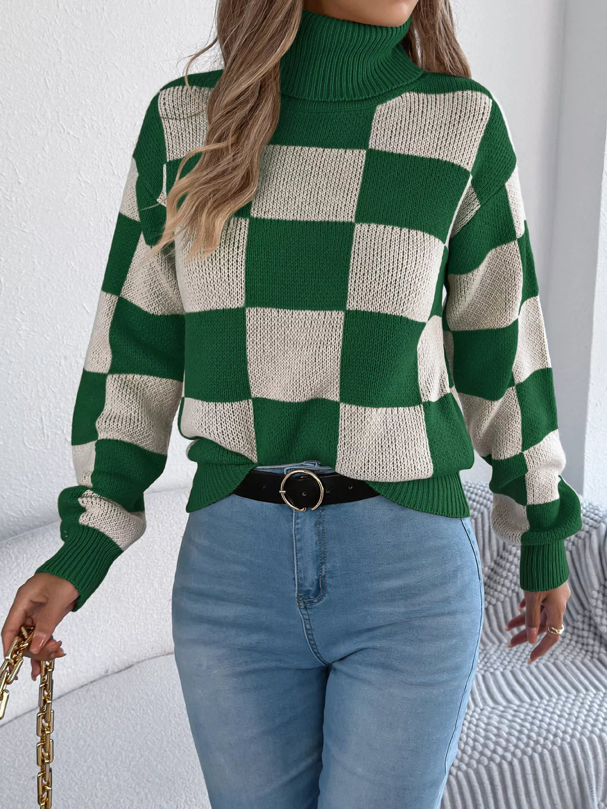 Checkered Turtleneck Long Sleeve Sweater side view