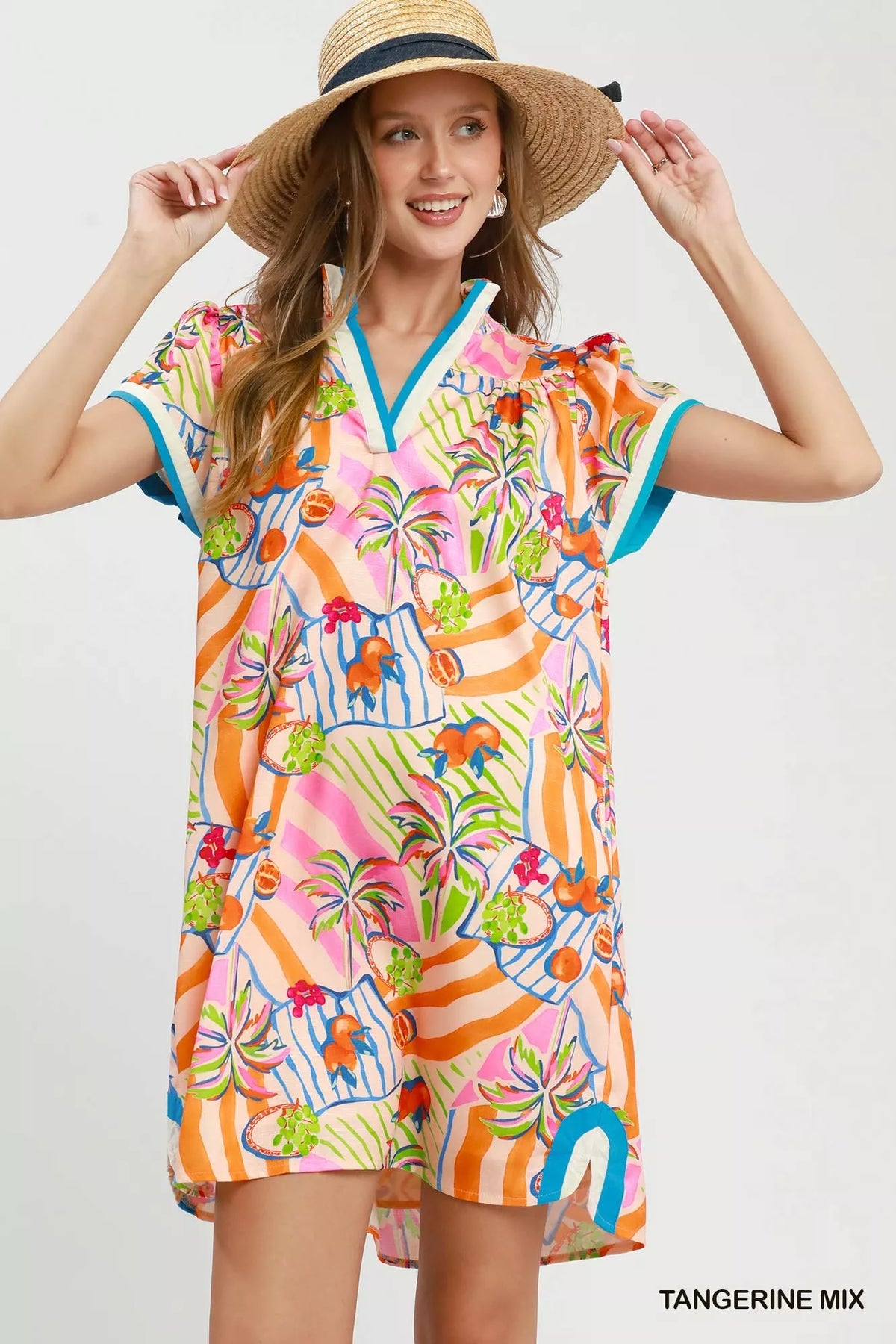 Tangerine tropical print collared shift dress front view
