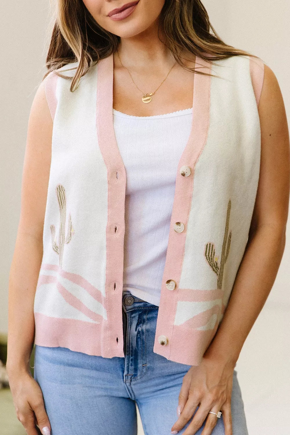 Cactus Pattern Button Front Western Sweater Vest, view 5