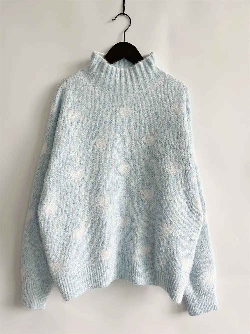 Heart Heathered Turtleneck Drop Shoulder Sweater - Fashorio