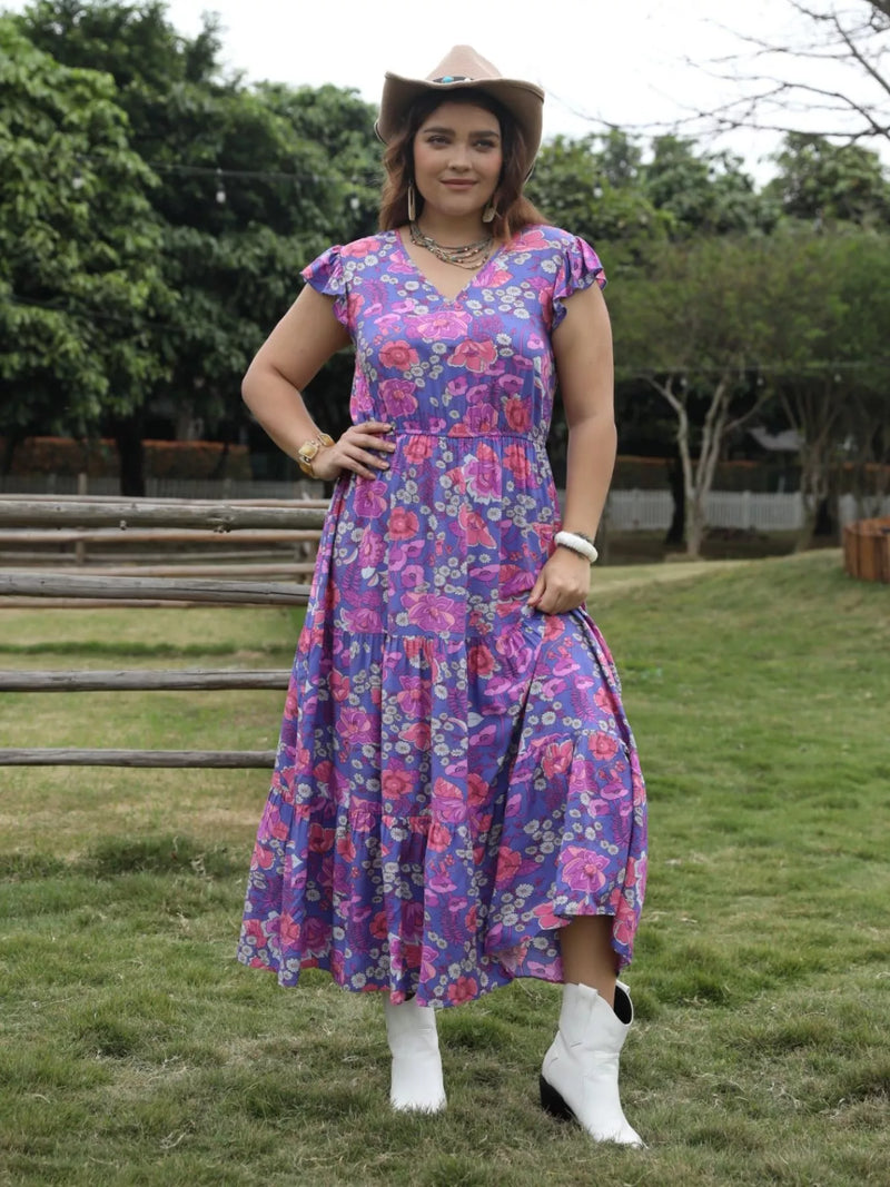 Floral print tiered plus size maxi dress front view