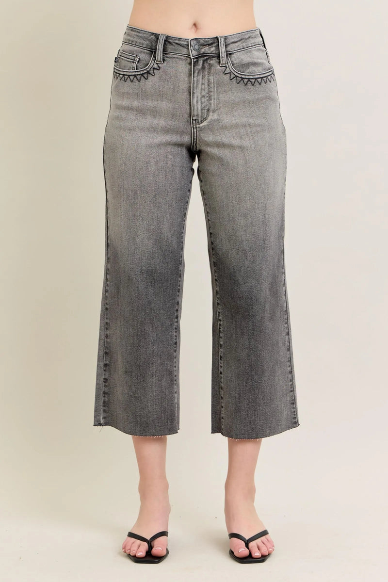 Judy Blue high waist wide leg cropped capri jeans front view