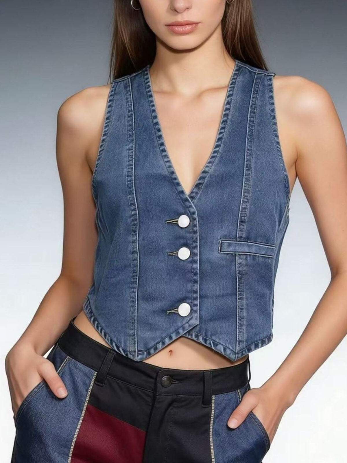 Button Down Denim Vest in Dark Blue