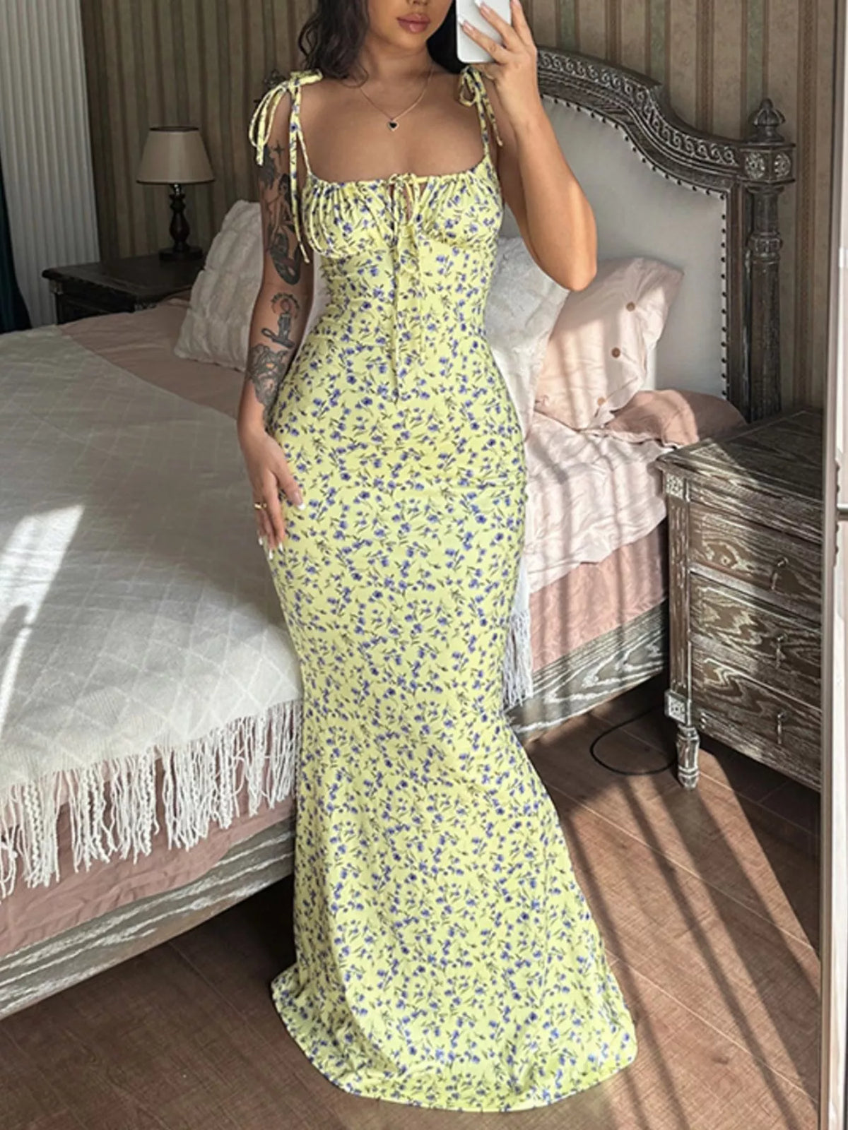 Floral tie strap bodycon maxi dress hemline detail