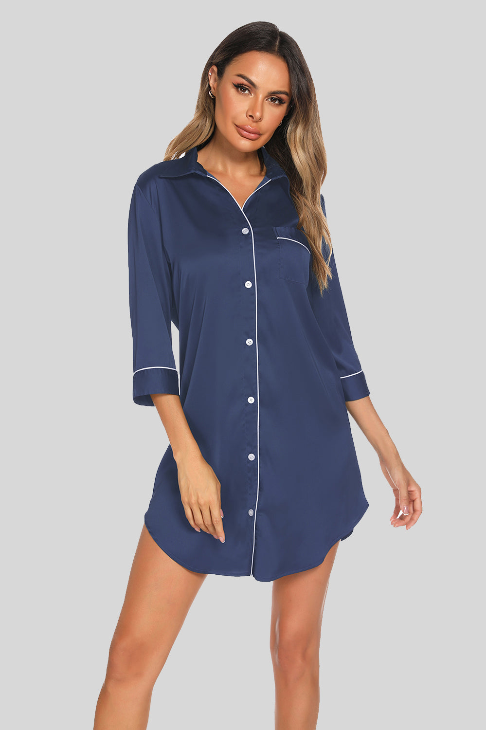 Button Up Collared Neck Night Dress with Pocket French Blue - Fashorio