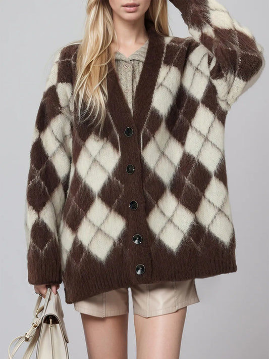 Plaid V-Neck Button Up Cardigan Chocolate One Size - Fashorio