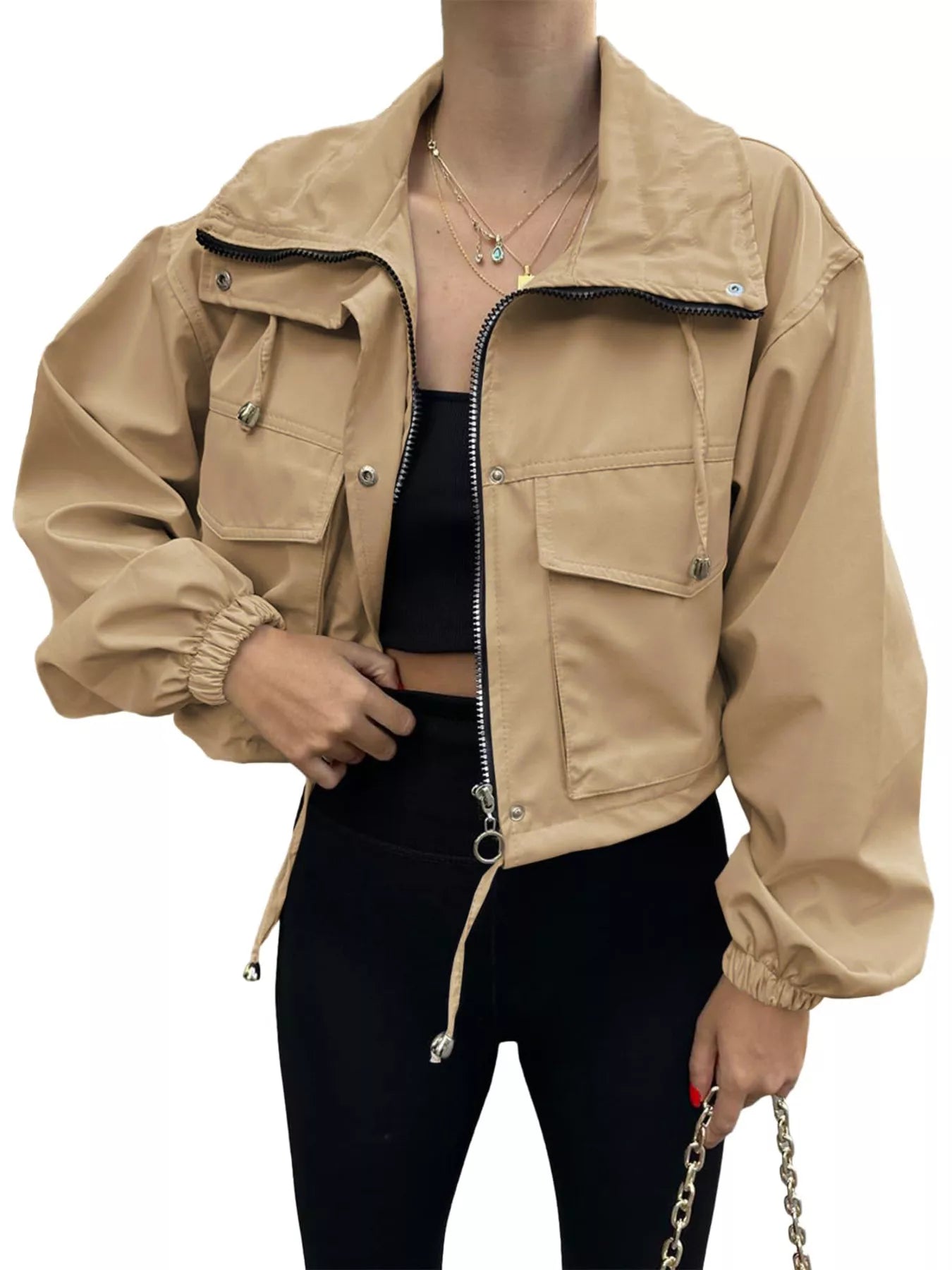 Drawstring Hem Zip Up Jacket - Fashorio