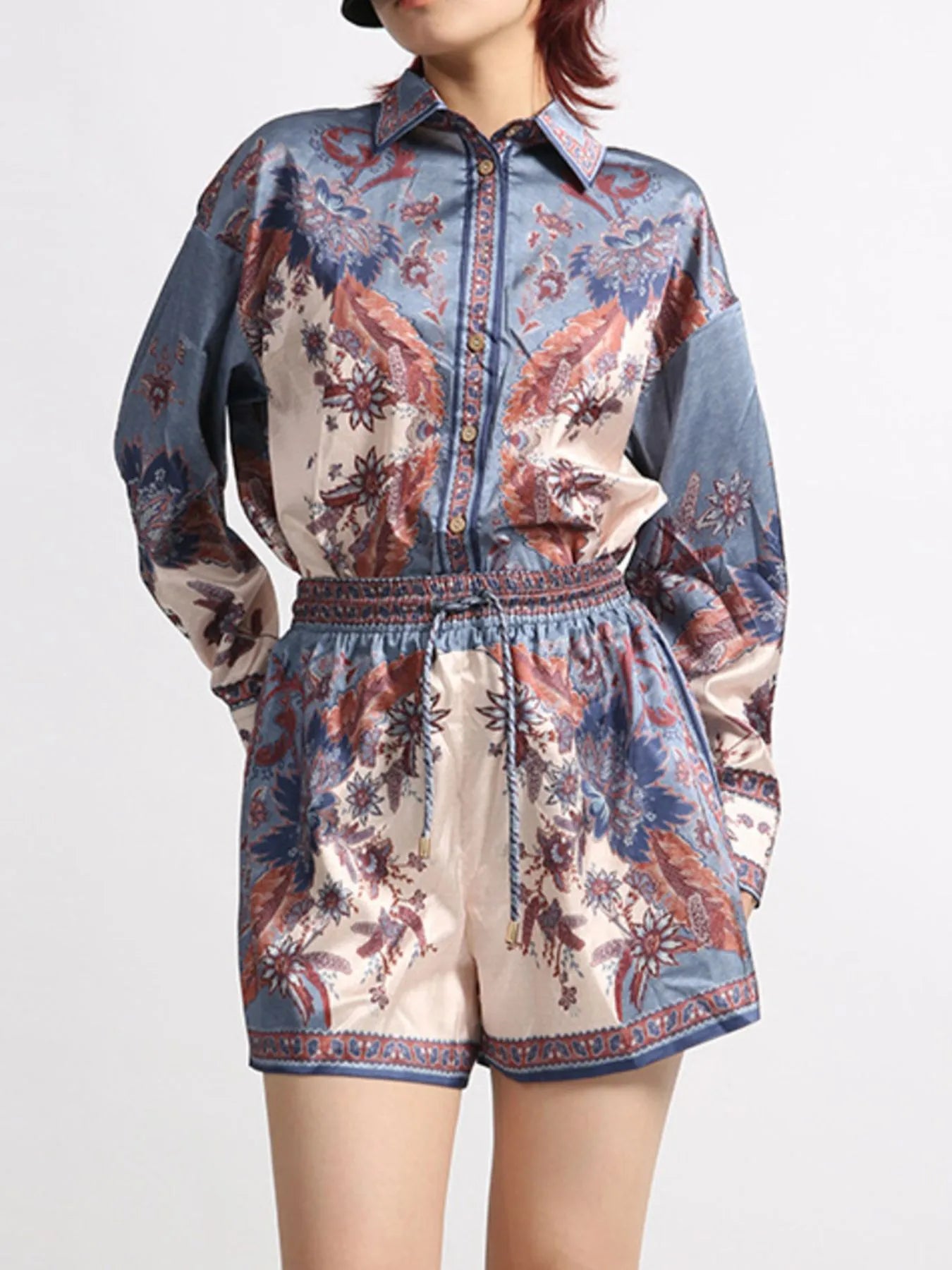 Printed Button Front Long Sleeve Shirt and Shorts Set - Fashorio
