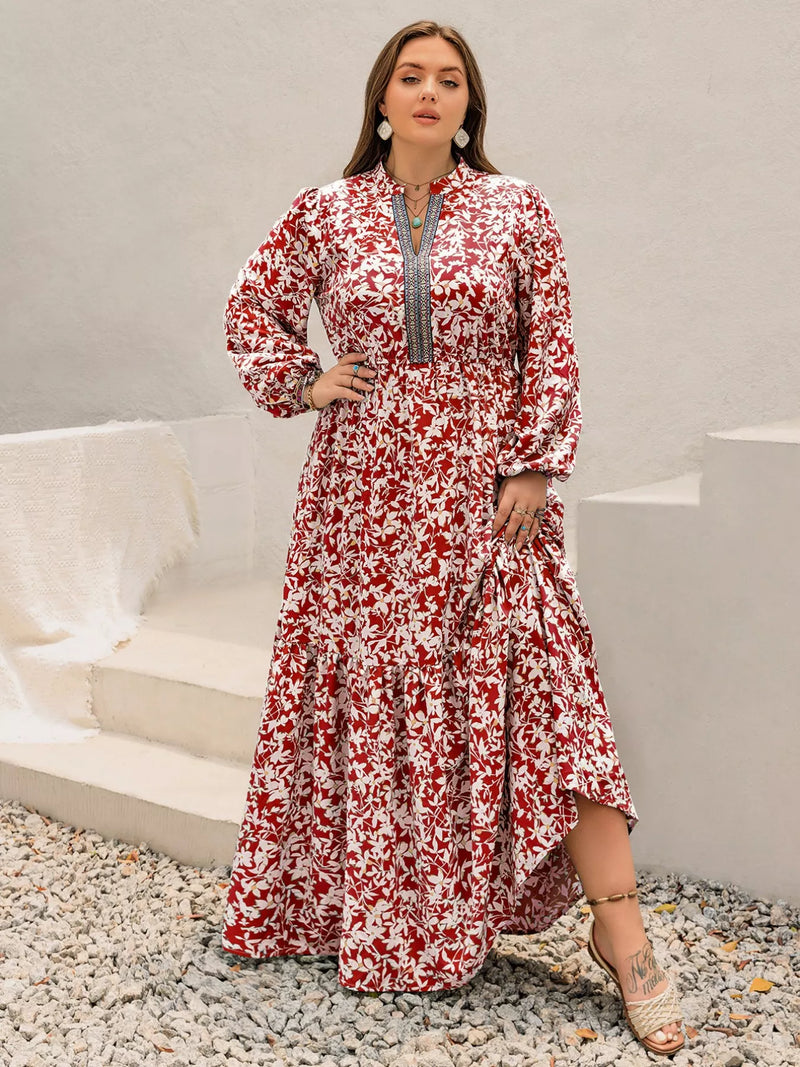 Plus size deep red floral long sleeve maxi dress front view