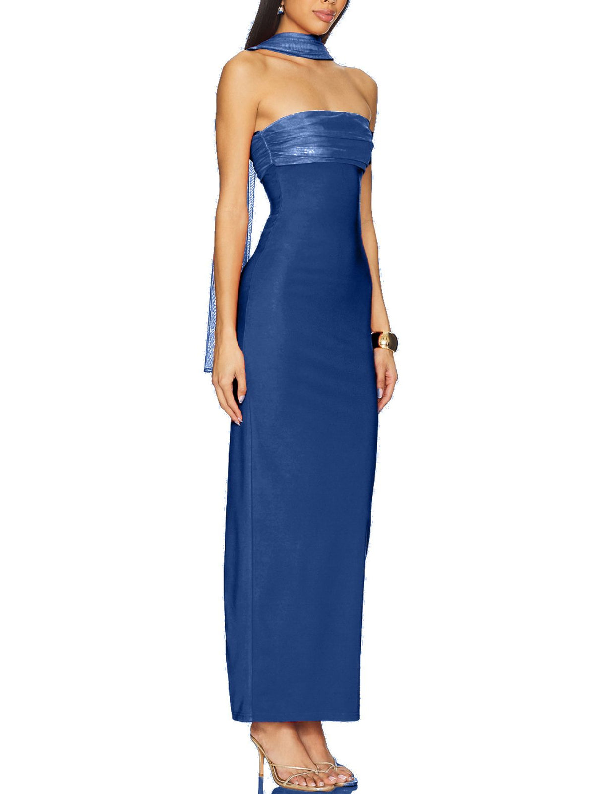 Red strapless maxi dress back zipper view