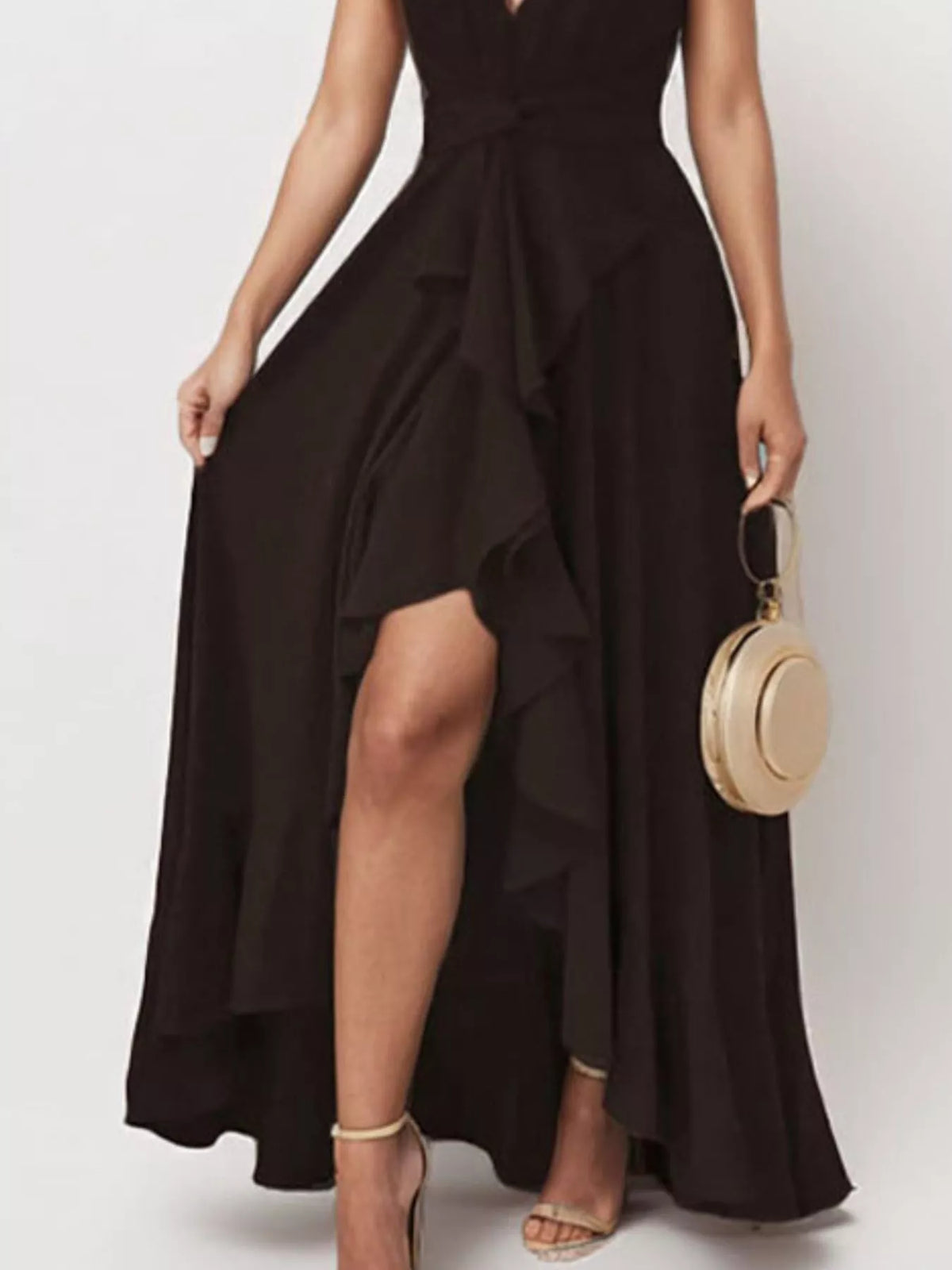 High low ruffle maxi dress styled for a wedding
