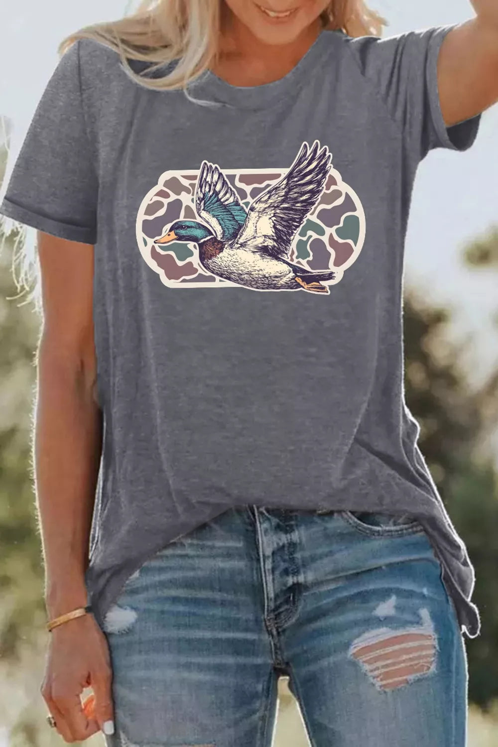 Dark gray graphic round neck short sleeve tee front view
