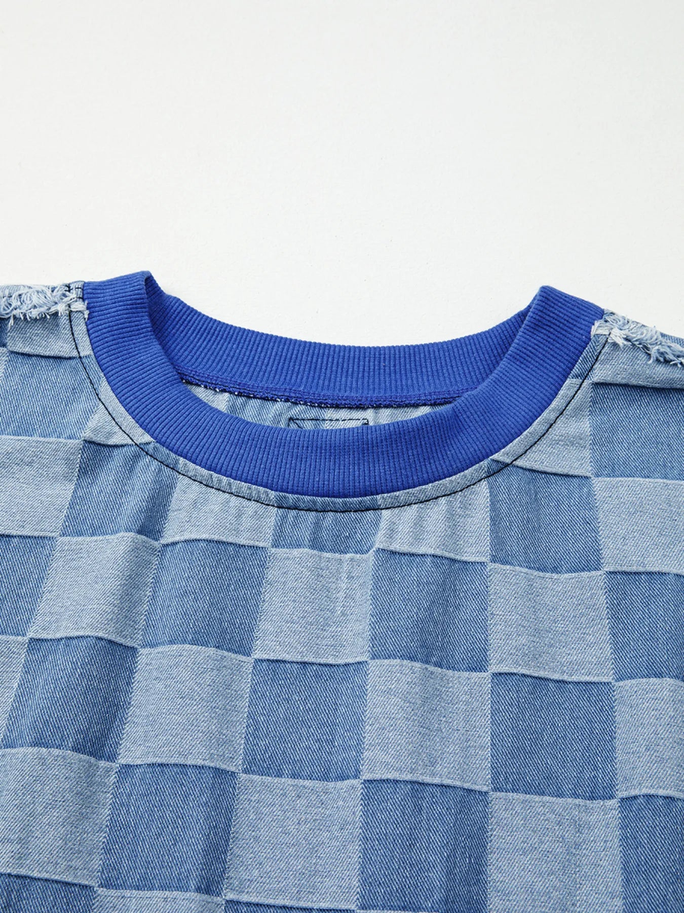 Checkerboard Splicing Raw Detail Oversized Denim Top - Fashorio