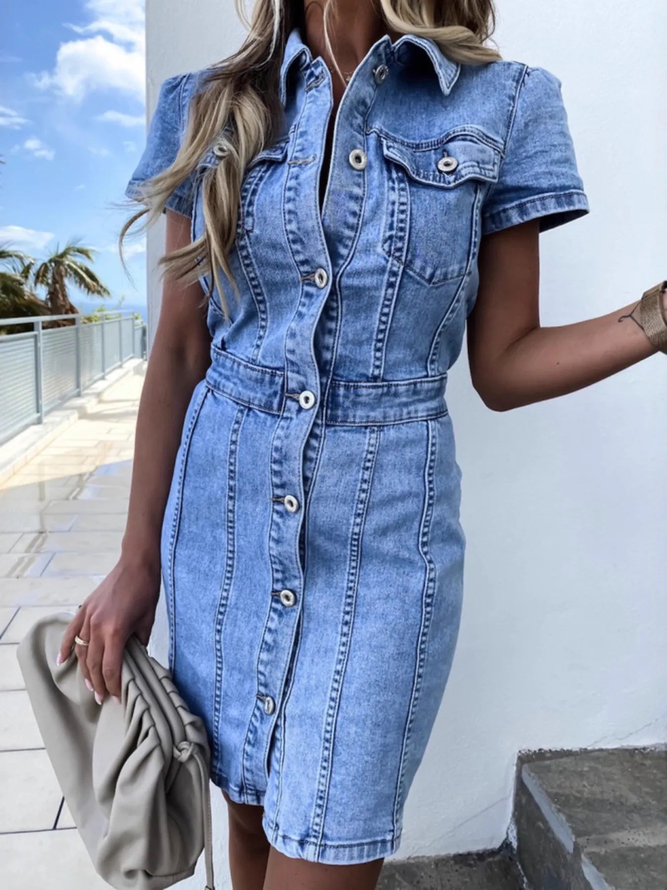 Button Front Short Sleeve Denim Dress - Fashorio