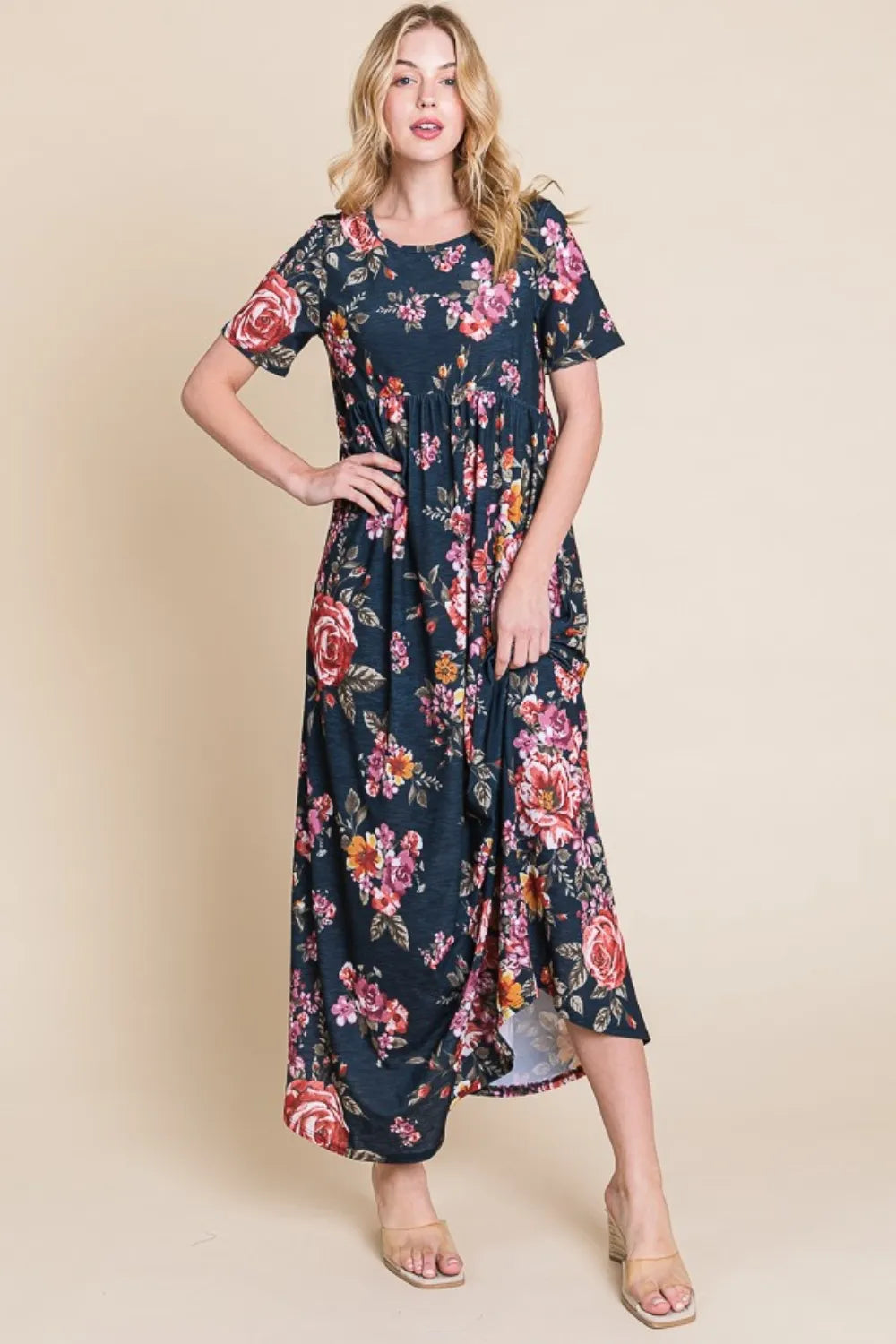 floral short sleeve maxi dress full length view