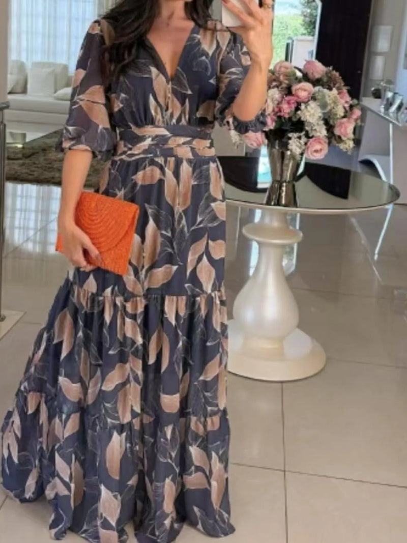 plus size printed v neck tiered maxi dress front view