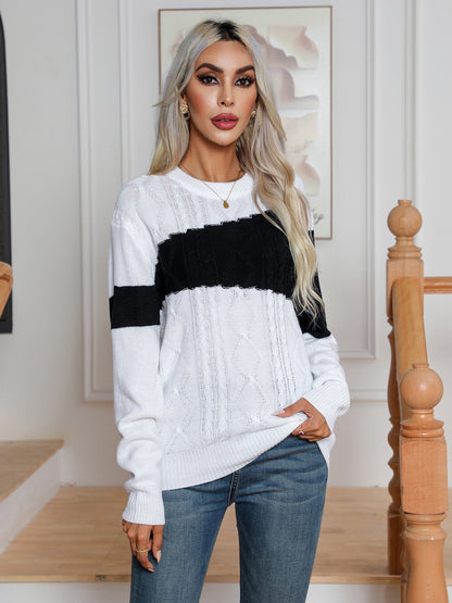 Color Block Cable-Knit Round Neck Sweater White - Fashorio