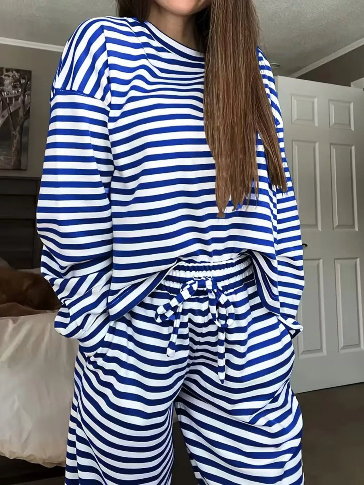 Striped matching set drawstring waist detail