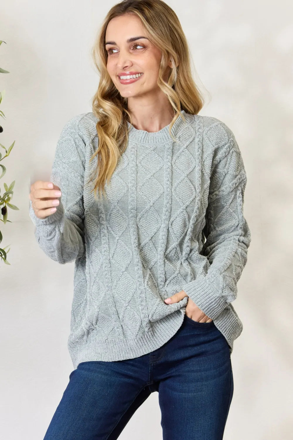 Cable Knit Round Neck Sweater in Dusty Sage